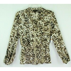 Thalia Sodi Top  Blouse Full Zip Leopard Animal Print Long Sleeves Womens Small
